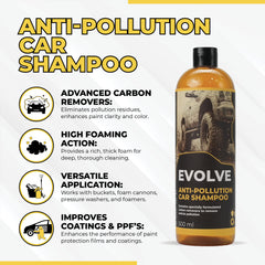 Evolve Anti-Pollution Car Shampoo 500ml | Removes Dust, Dirt & Road Grime | Bucket Wash & Foam Cannon