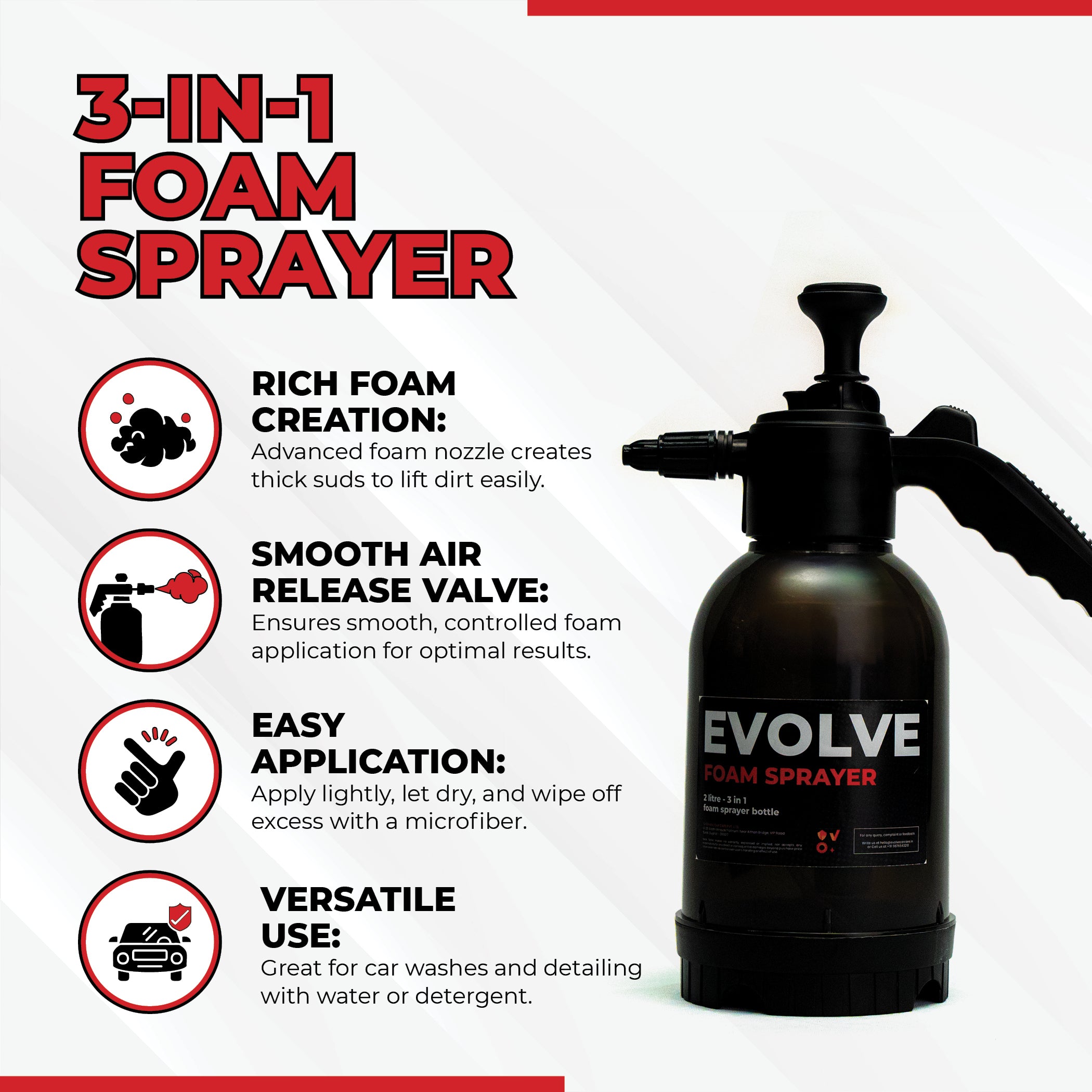 3-in-1 Foam Sprayer 2L – High Pressure Foam, Spray & Rinse | Adjustable Nozzle for Car Wash & Detailing