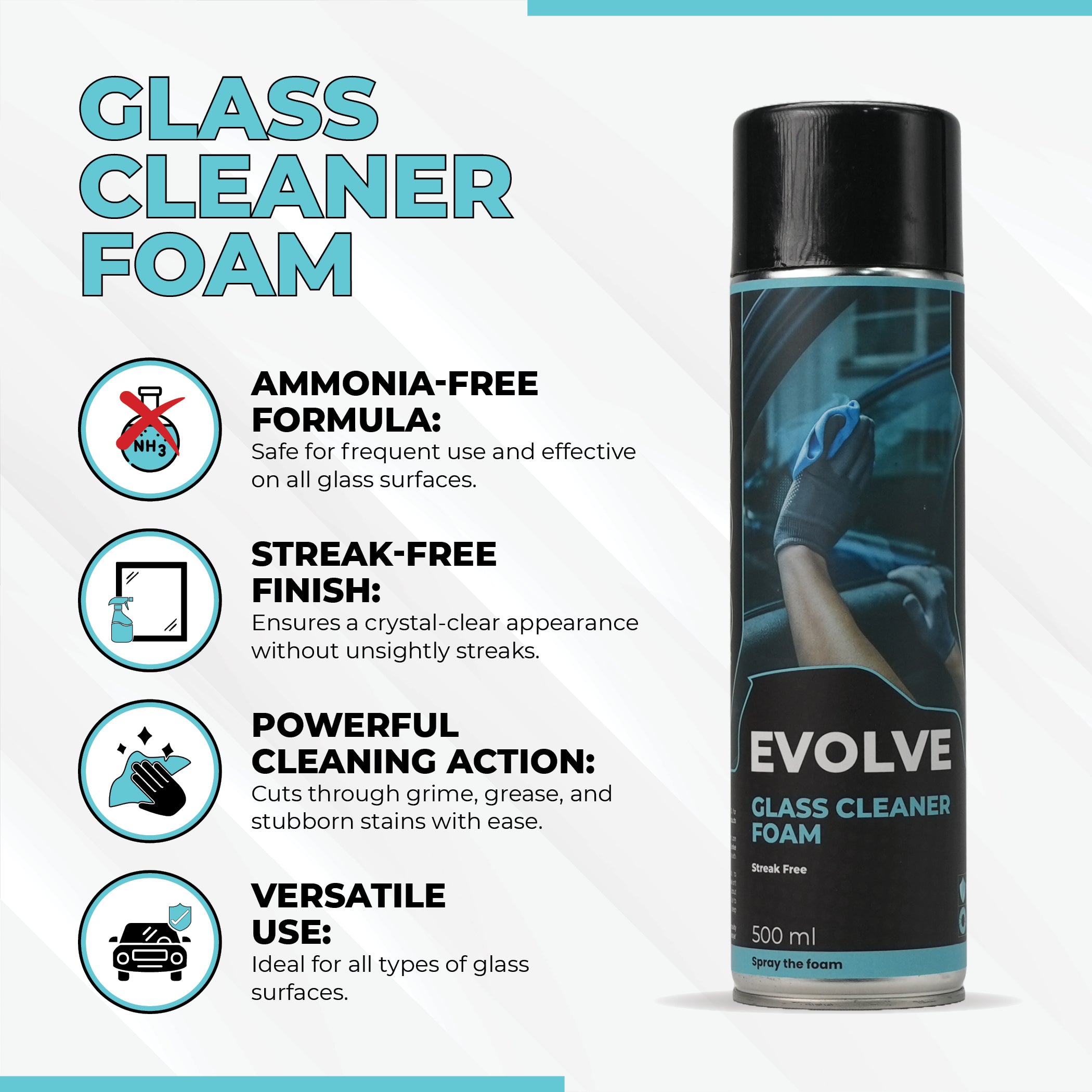 Glass Cleaner Foam 500ml | Streak-Free Shine for Windows & Mirrors | Removes Dirt, Smudges & Fingerprints Fast